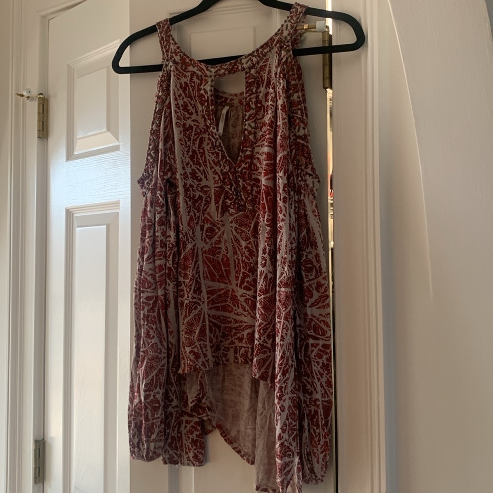 Free People Rayon Good Morning Beaded Cold Shoulder Red Sexy Top SS - Picture 5 of 8